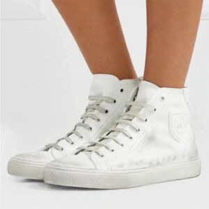 Saint Laurent Leather Bedford High Top Sneakers Vintage Effect White Size 8 US